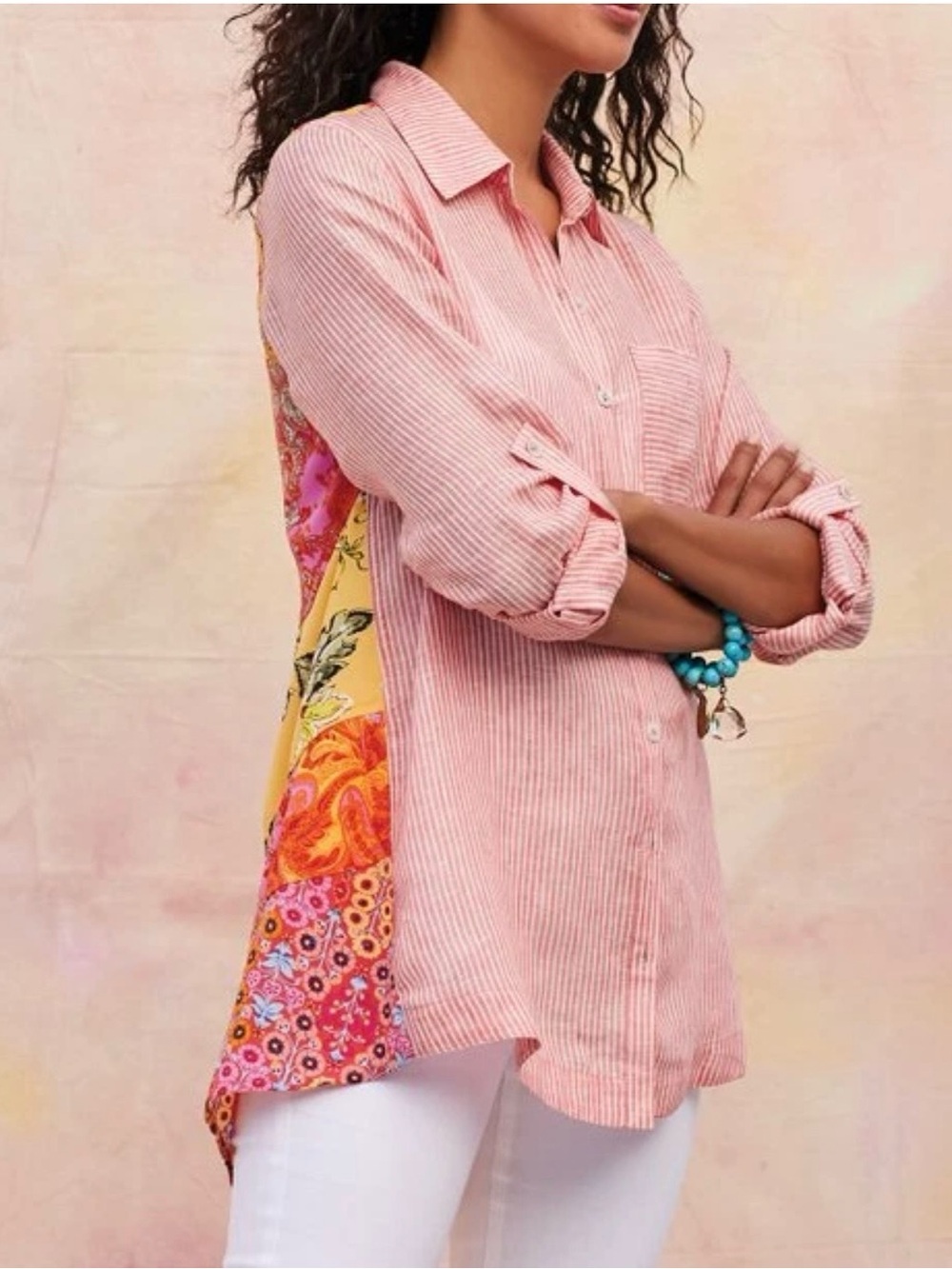 Soft Surroundings Eden Island Top Large Striped Floral Linen Roll Tab Tunic
